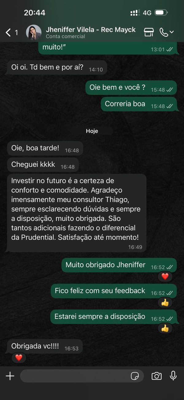 Depoimento de cliente no WhatsApp